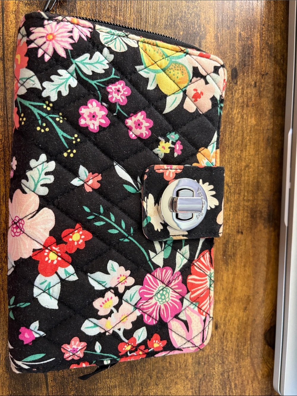 Floral Quilted Black Wallet with Turn-Lock Closure